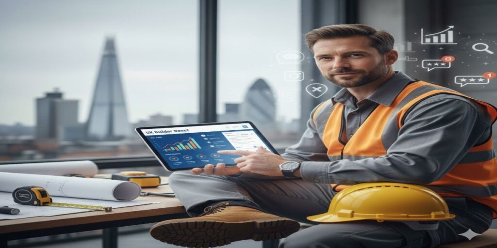 Confident British builder using tablet with dashboard for local UK digital marketing.