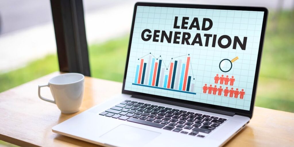 Laptop displaying "Lead Generation" with graphs and people icons