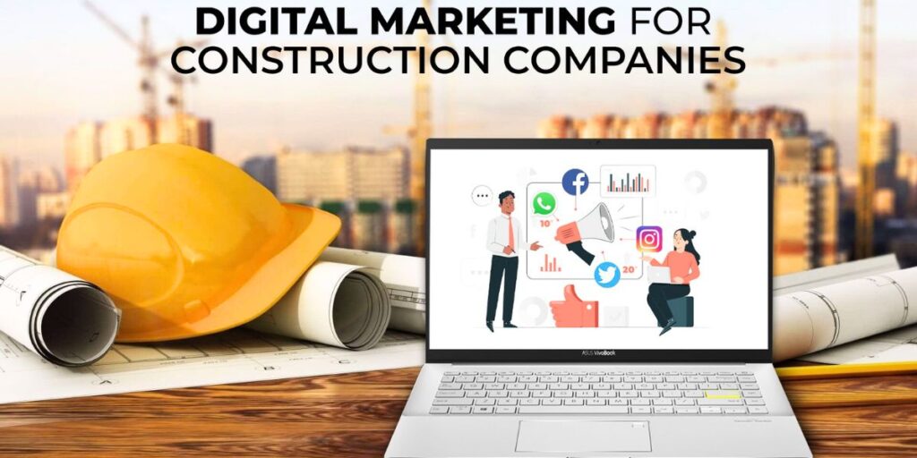 Laptop showing social media marketing with hard hat and blueprints on a construction site.