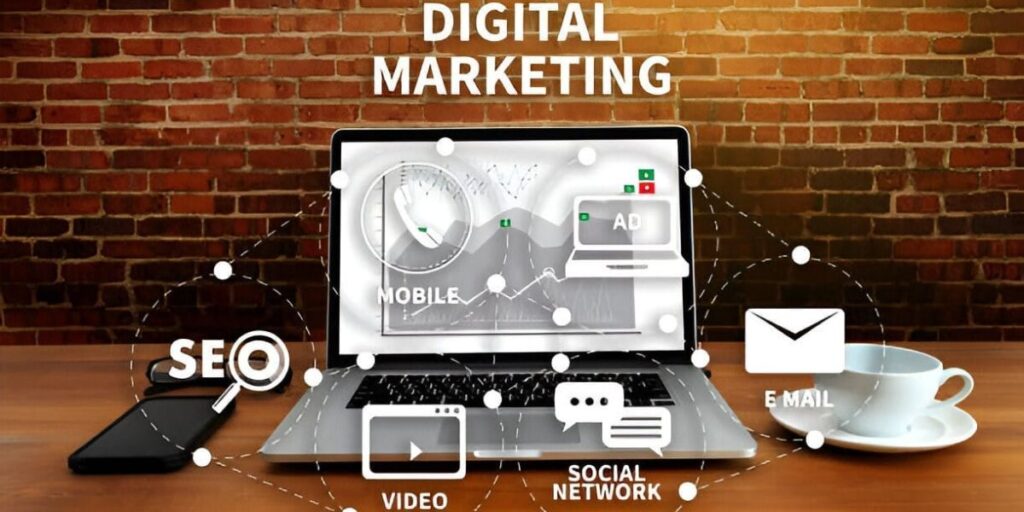Digital Marketing concept with laptop, mobile, SEO, email, and social network icons.