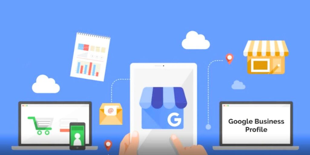 Illustration of Google Business Profile (GBP) on a tablet, with connected devices and icons.