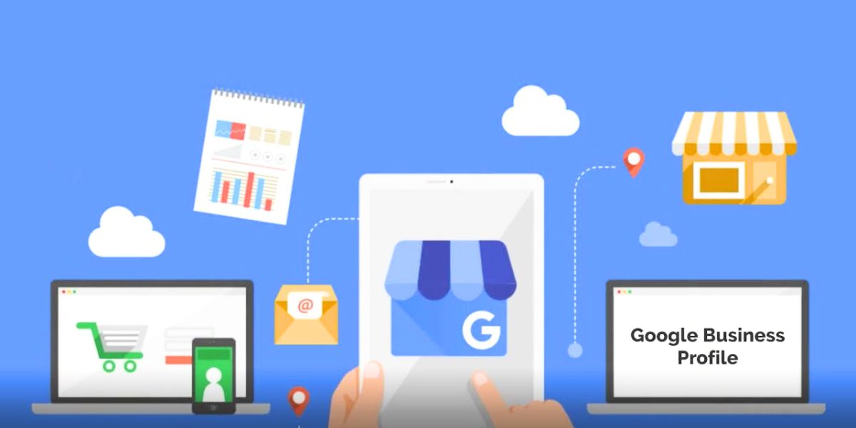 Illustration of Google Business Profile (GBP) on a tablet, with connected devices and icons.